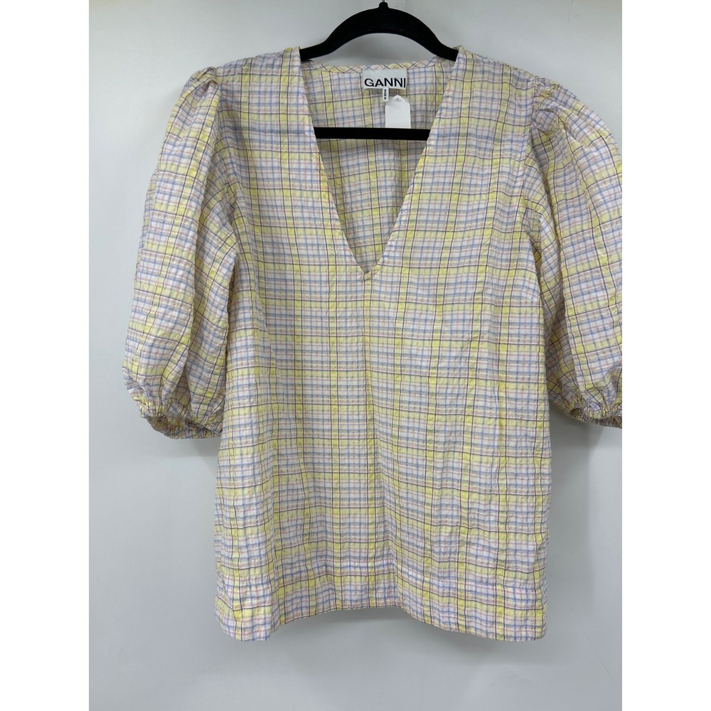 Ganni Yellow Seersucker Check V-Neck Puff Sleeve Blouse Size 38